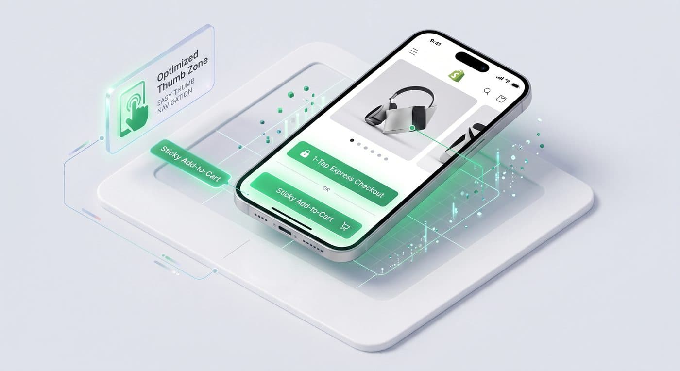 Mobile product page with optimized thumb zone, sticky add-to-cart, and 1-tap express checkout