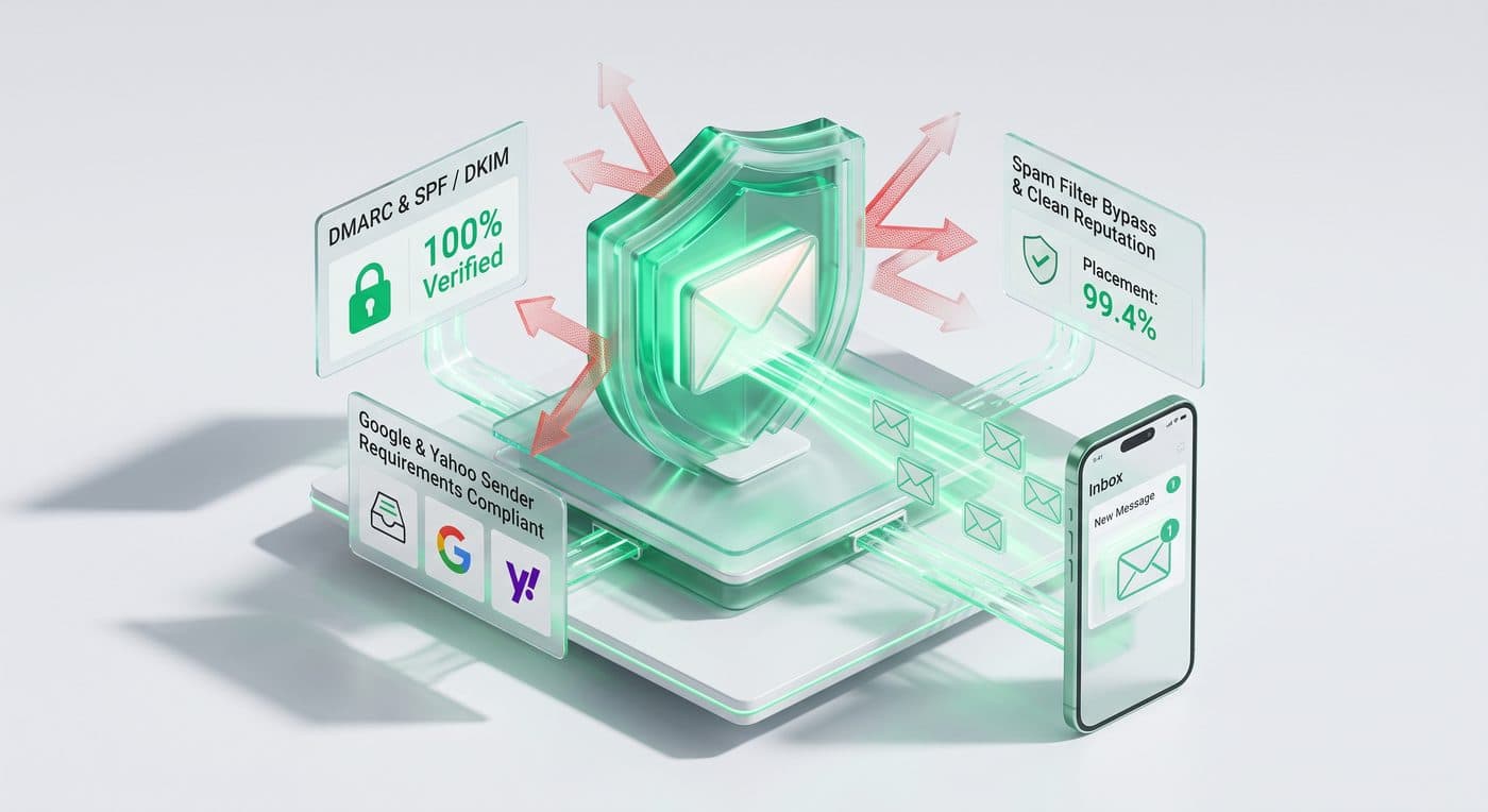 Email deliverability audit showing DMARC, SPF and DKIM verification, Google and Yahoo sender compliance, and inbox placement