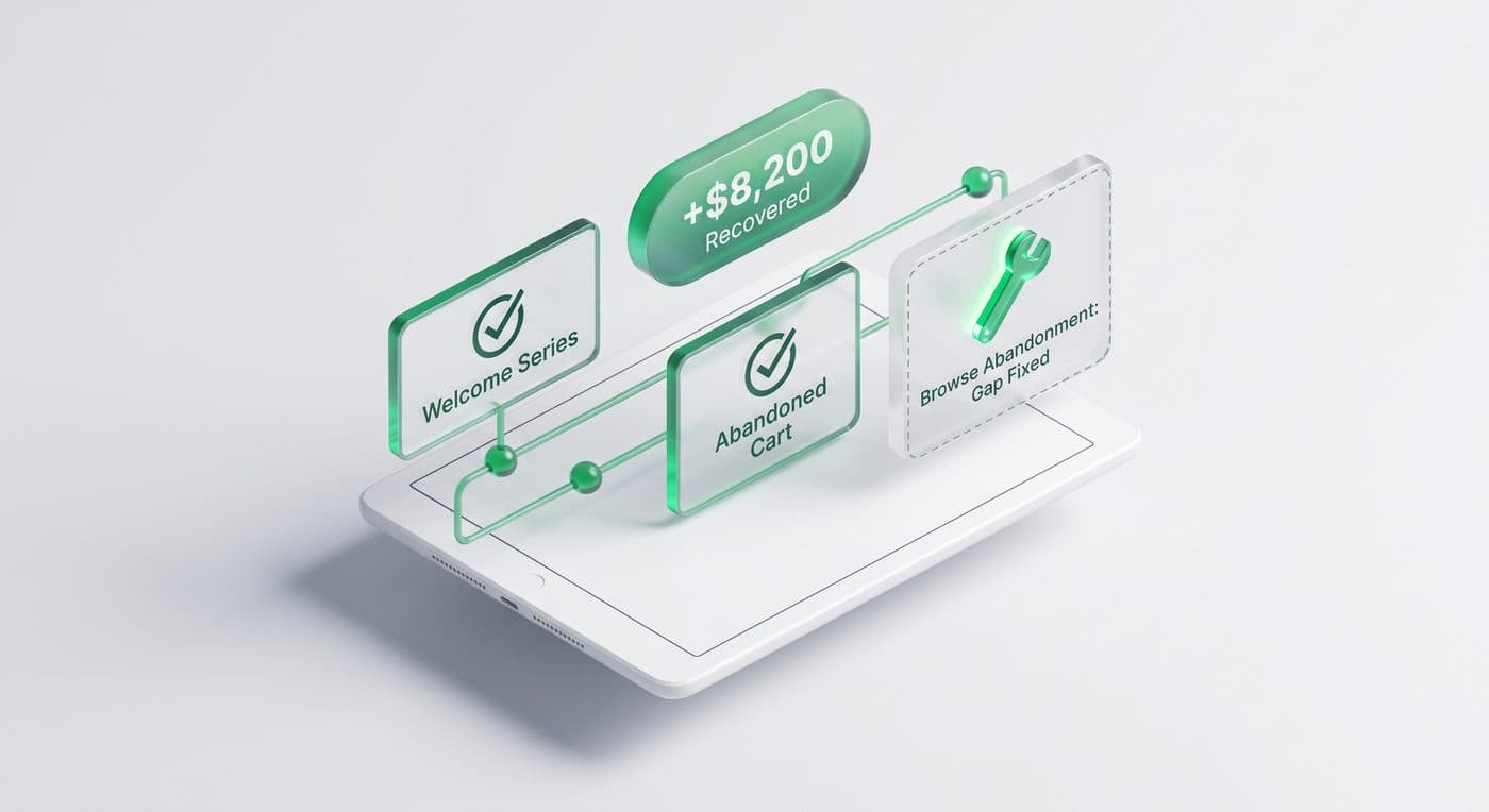 Klaviyo flow review showing welcome series and abandoned cart flows verified, a browse abandonment gap fixed, and $8,200 recovered