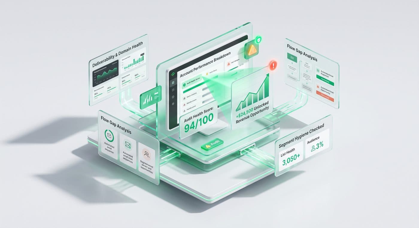 Klaviyo account audit dashboard showing audit health score, deliverability, flow gap analysis, and unlocked revenue opportunity
