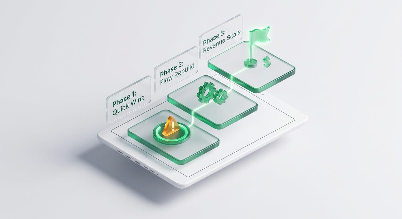 Prioritized three-phase action plan: Phase 1 quick wins, Phase 2 flow rebuild, and Phase 3 revenue scale