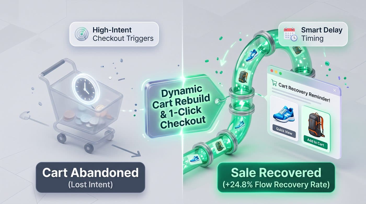 Abandoned cart with lost intent recovered through smart-delay reminders and one-click checkout, a 24.8% flow recovery rate