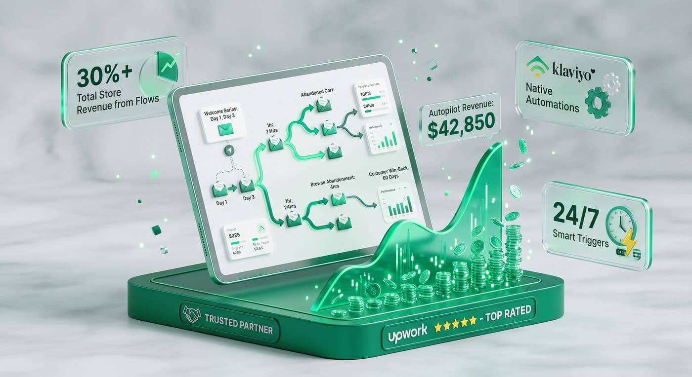 Klaviyo automation flows on a tablet driving 30% of store revenue and $42,850 in autopilot revenue with 24/7 smart triggers