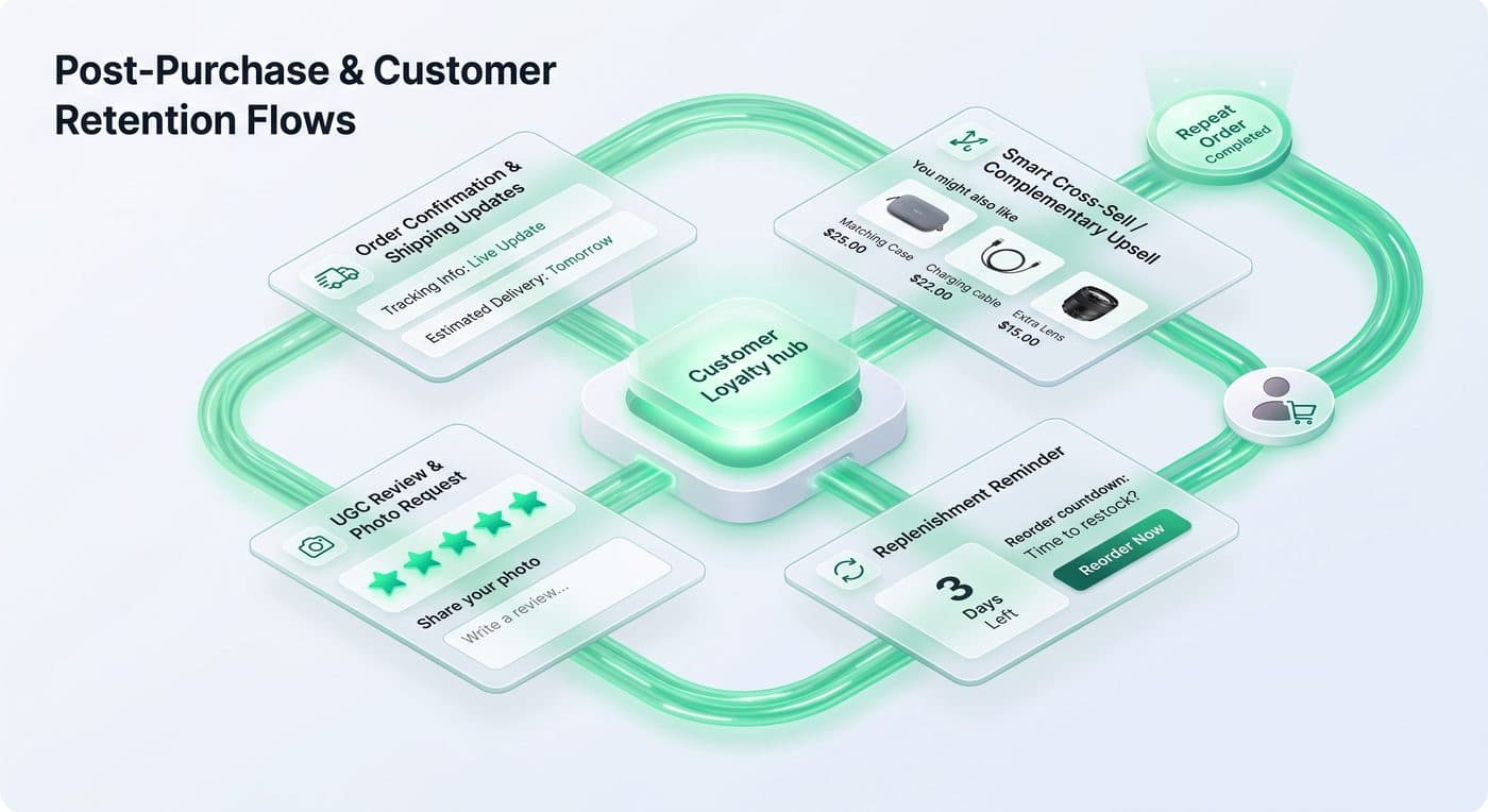 Post-purchase and customer retention flows around a loyalty hub: order and shipping updates, cross-sell upsell, UGC review request and replenishment reminder