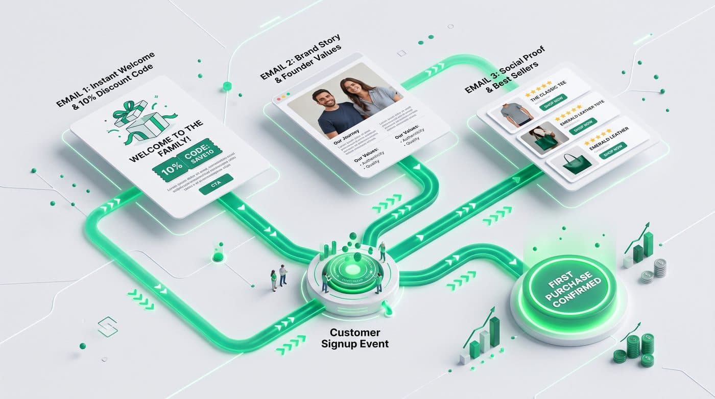 Three-email welcome series from signup: instant welcome with 10% code, brand story and founder values, then social proof and best sellers leading to a first purchase