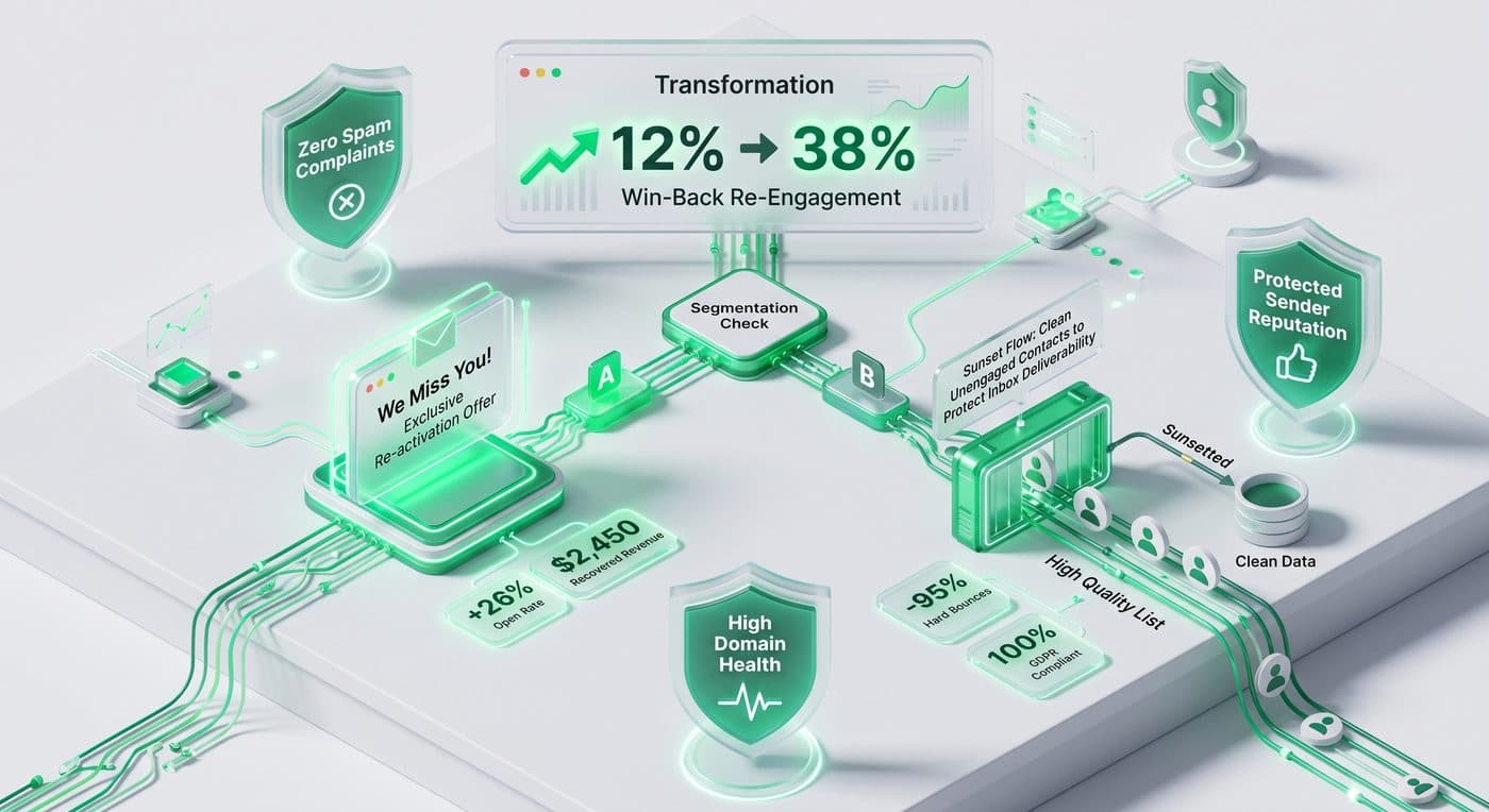 Win-back re-engagement rising from 12% to 38% with a sunset flow that cleans unengaged contacts to protect sender reputation and domain health