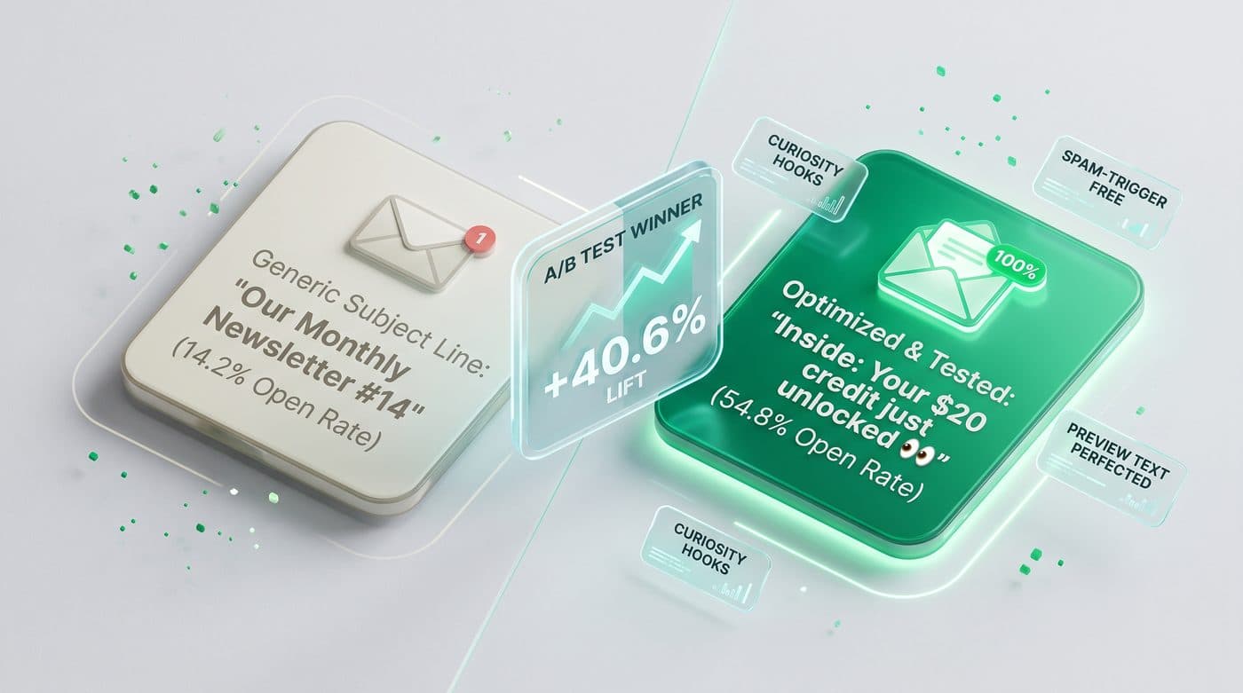 Generic newsletter subject line at a 14.2% open rate compared with an A/B-tested optimized subject line at 54.8%, a 40.6% lift