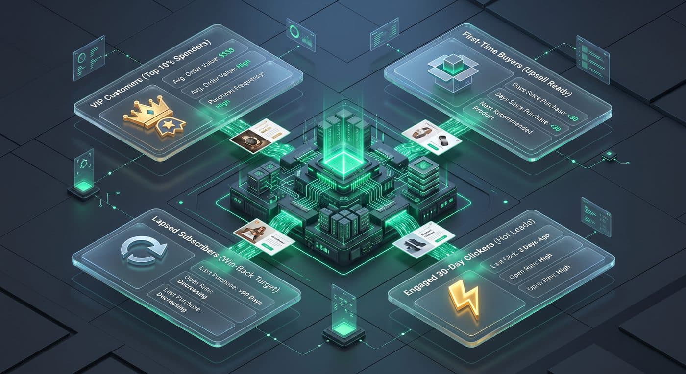 Audience segments for VIP customers, first-time buyers, engaged 30-day clickers and lapsed win-back subscribers feeding a central campaign engine