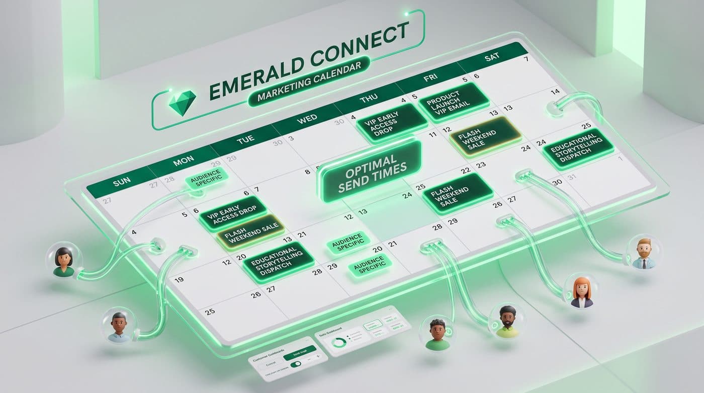 Marketing calendar with VIP early access drops, product launches, flash weekend sales and audience-specific sends scheduled at optimal send times