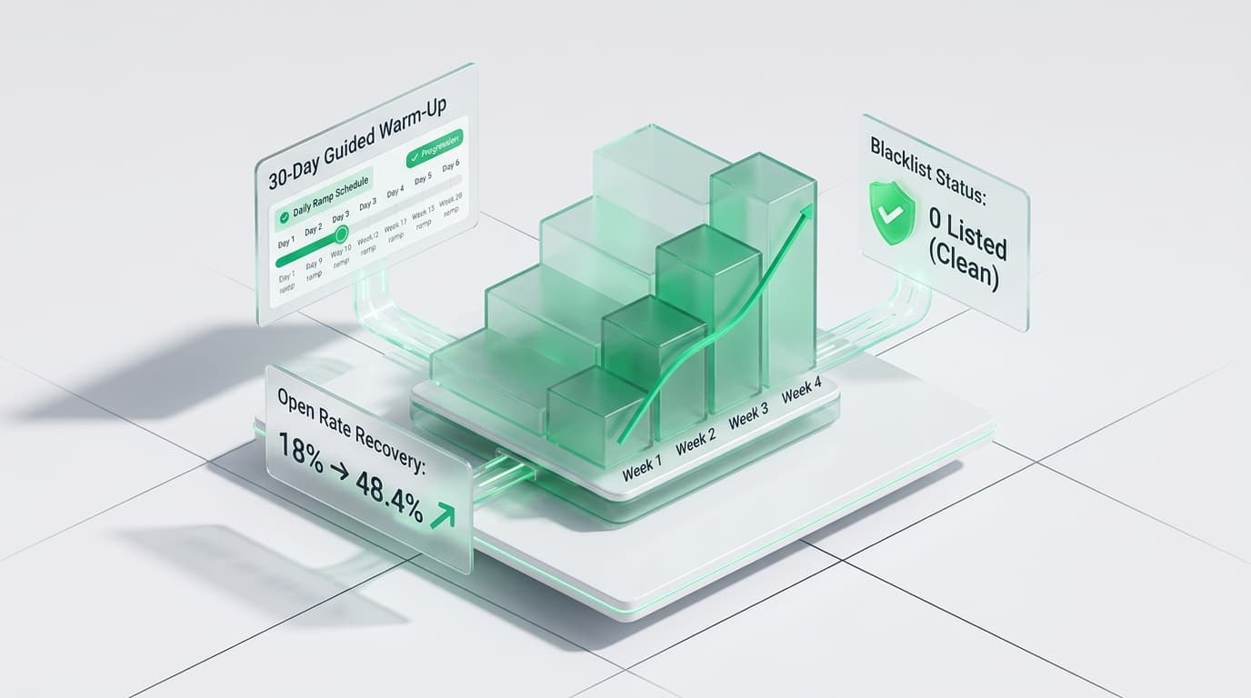 30-day guided domain and IP warm-up curve showing open rate recovery from 18% to 48.4% and clean blacklist status