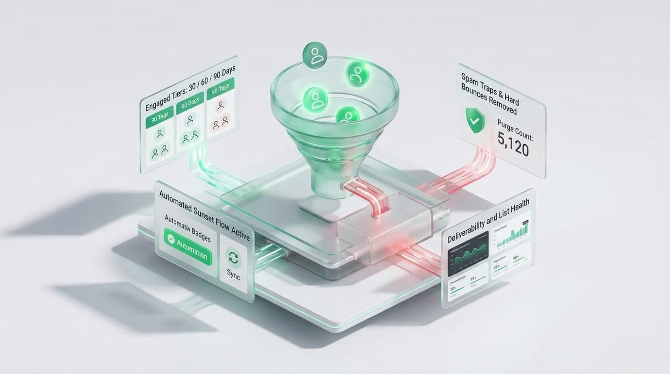 Klaviyo list hygiene funnel separating engaged tiers from automated sunset flows