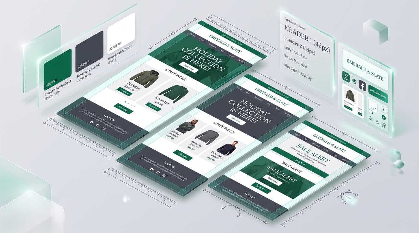 Brand style guide with primary and accent colors, typography scale, and social/product modules carried consistently across three email templates