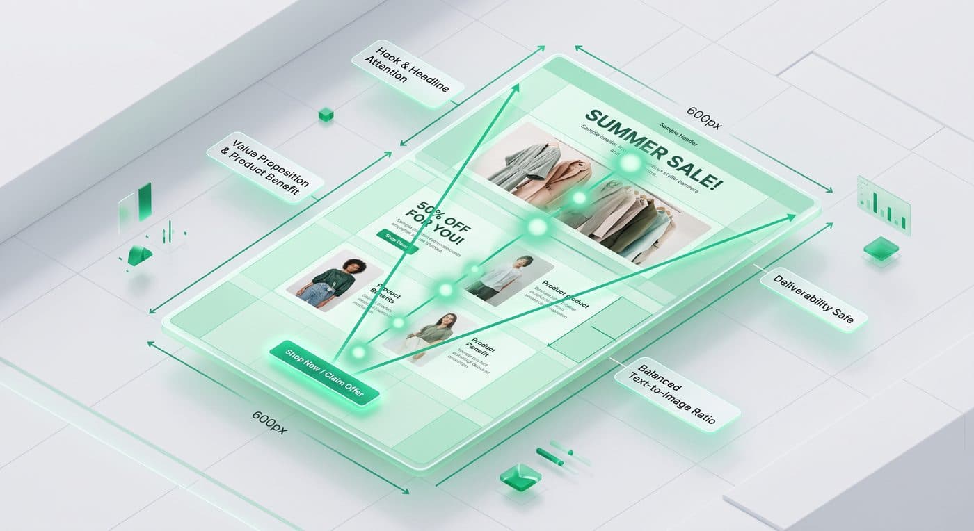 Email layout annotated with hook and headline attention, value proposition, balanced text-to-image ratio, and a single Shop Now CTA
