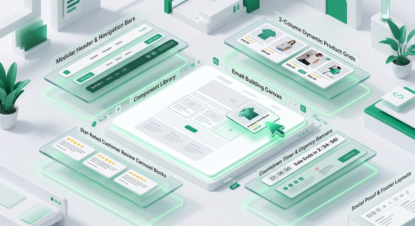 Modular email design system: header and navigation bars, dynamic product grids, review carousels, countdown timers, and footer layouts around a shared component library