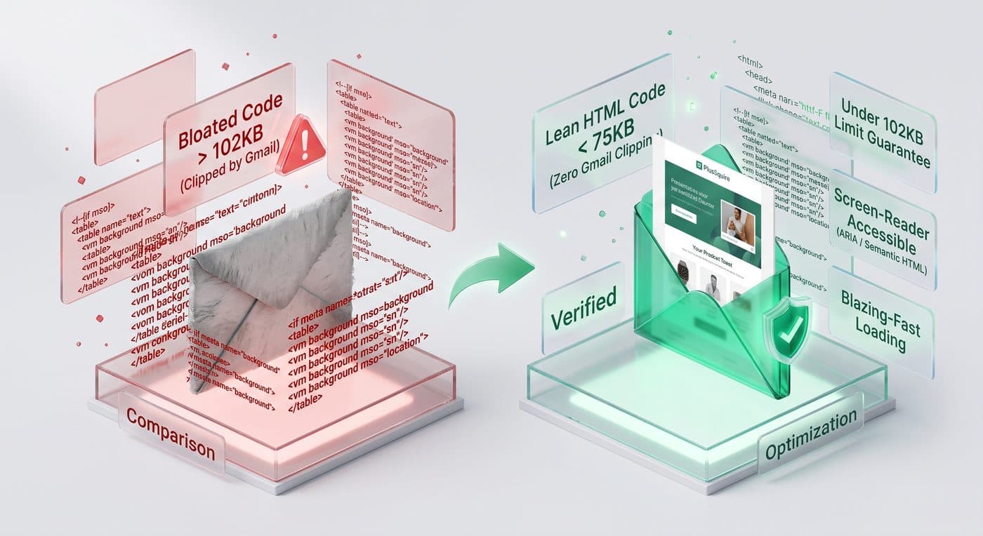 Bloated code over 102KB and clipped by Gmail compared against lean HTML under 75KB that is screen-reader accessible and blazing fast to load