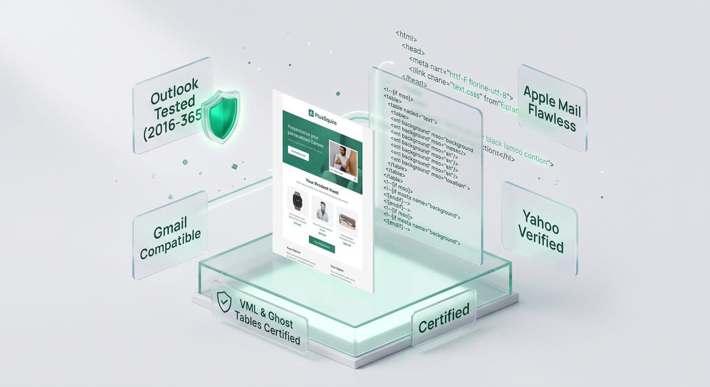 Email template certified Gmail compatible, Outlook tested for 2016-365, Apple Mail flawless, and Yahoo verified with VML and ghost tables