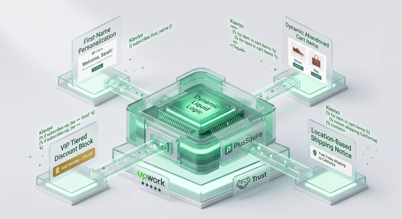 Dynamic Liquid logic powering first-name personalization, VIP tiered discounts, abandoned cart items, and location-based shipping notices