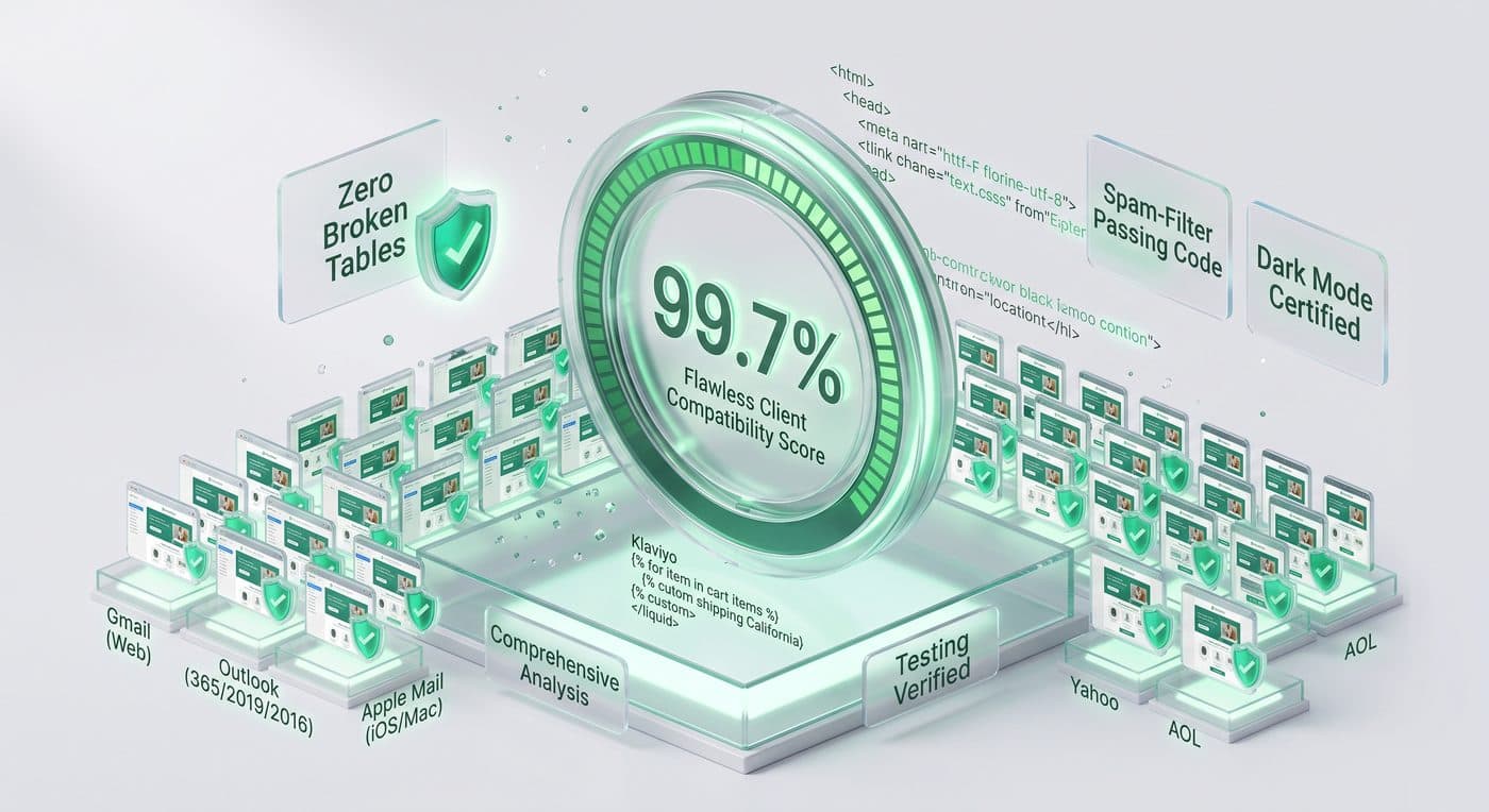 99.7% flawless client compatibility score tested across Gmail, Outlook, Apple Mail, Yahoo and AOL with zero broken tables and dark mode certified