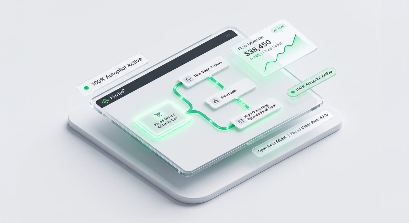 Klaviyo flow builder with time delay, smart split and dynamic email nodes, showing $38,450 in flow revenue and 100% autopilot