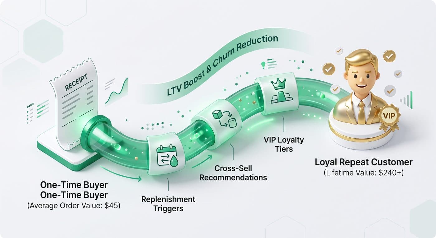 One-time buyer turned loyal repeat customer through replenishment triggers, cross-sell recommendations and VIP loyalty tiers, lifetime value $240 plus