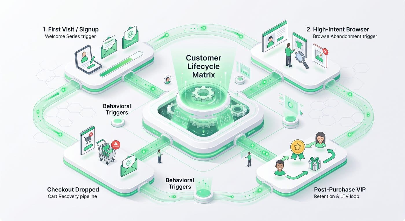 Customer lifecycle matrix mapping welcome series, browse abandonment, cart recovery and post-purchase VIP retention flows to behavioral triggers