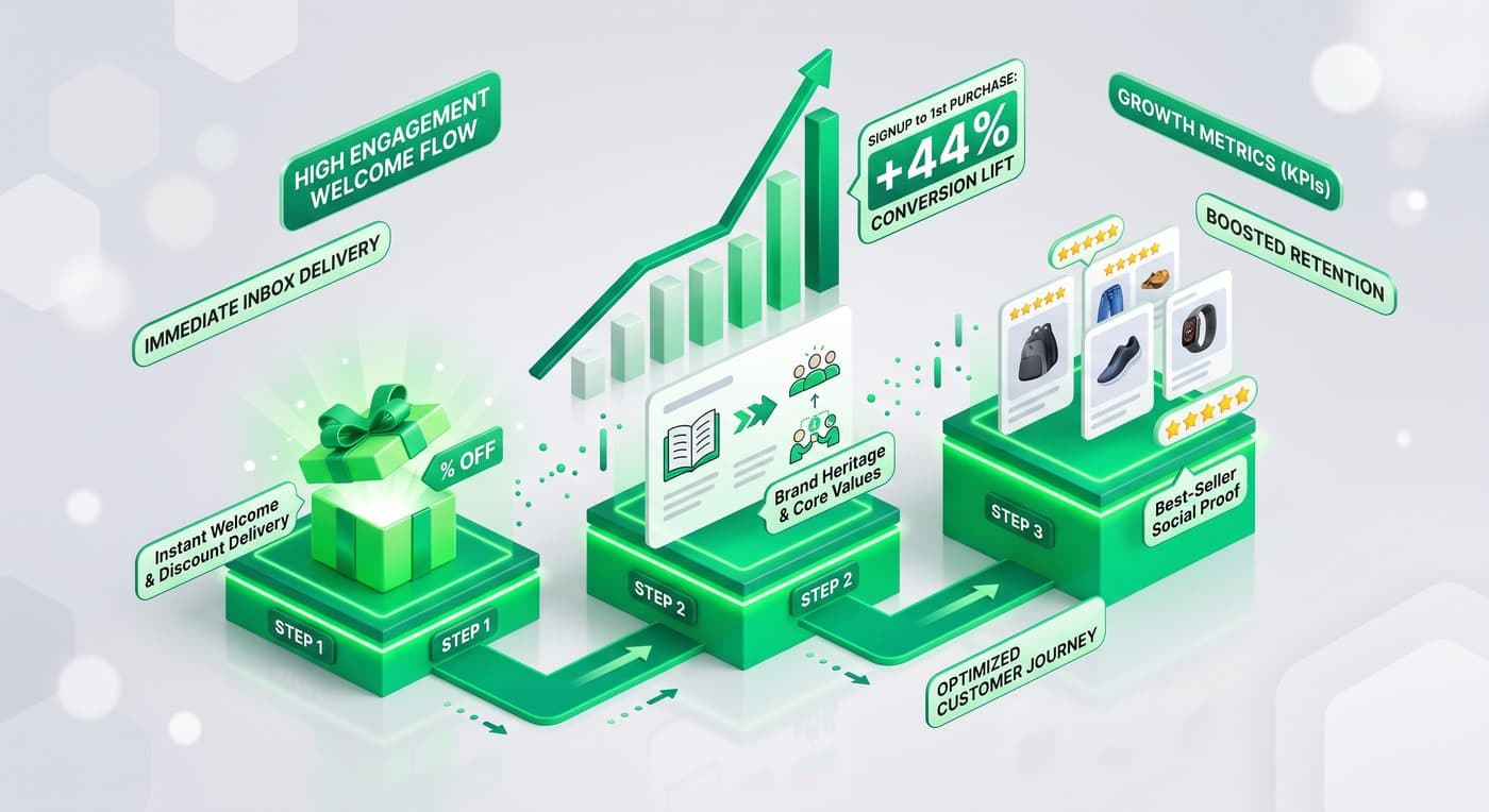 Three-step welcome flow from instant discount delivery to brand story to best-seller social proof, a 44% signup-to-first-purchase conversion lift