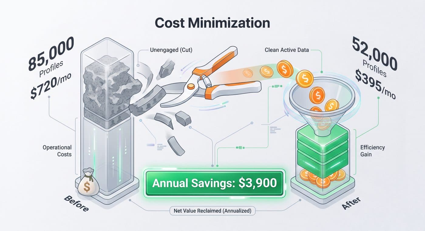 Cost minimization: cutting unengaged profiles from 85,000 to 52,000 saves $3,900 annually