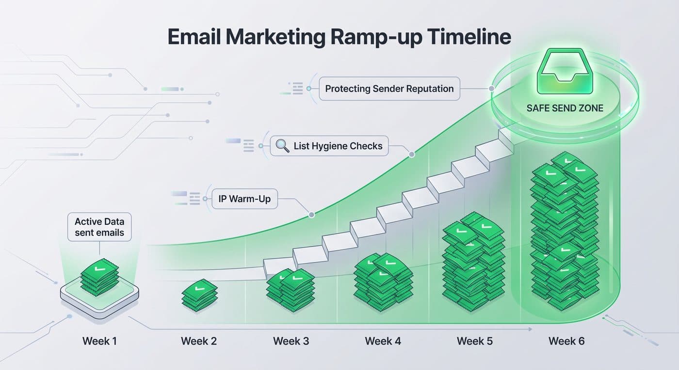 Six-week email sending ramp-up timeline ending in a protected safe send zone