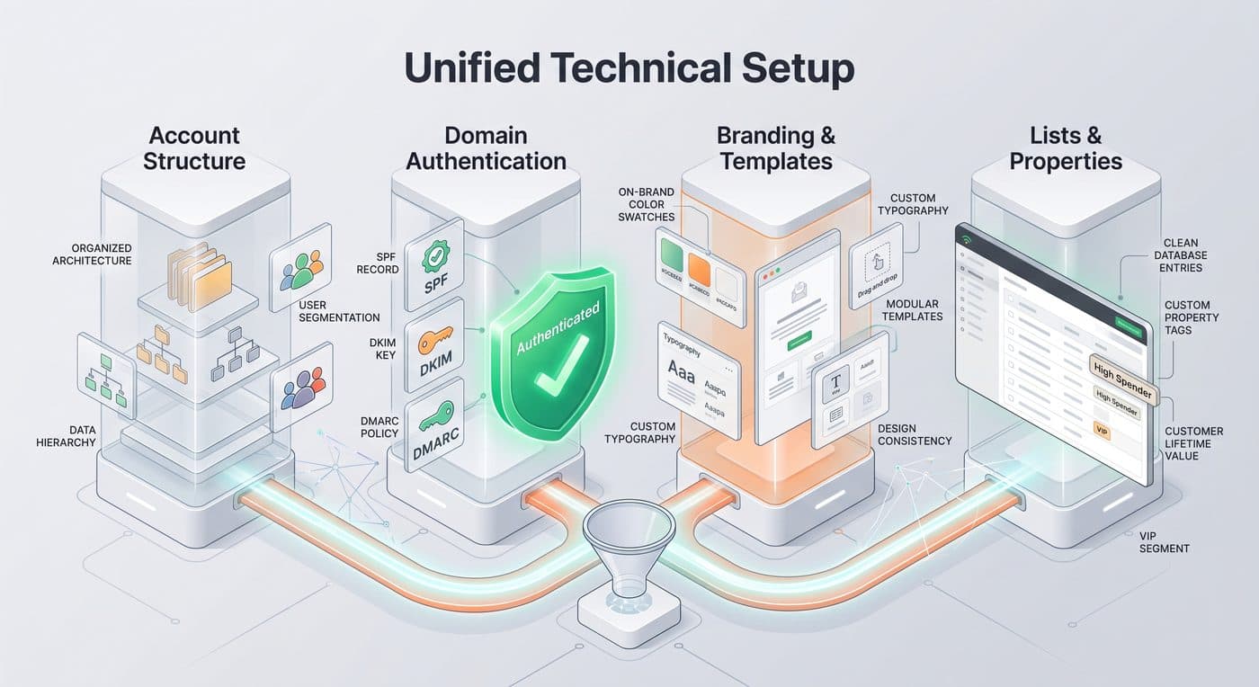 Unified technical setup: account structure, domain authentication, branding & templates, lists & properties