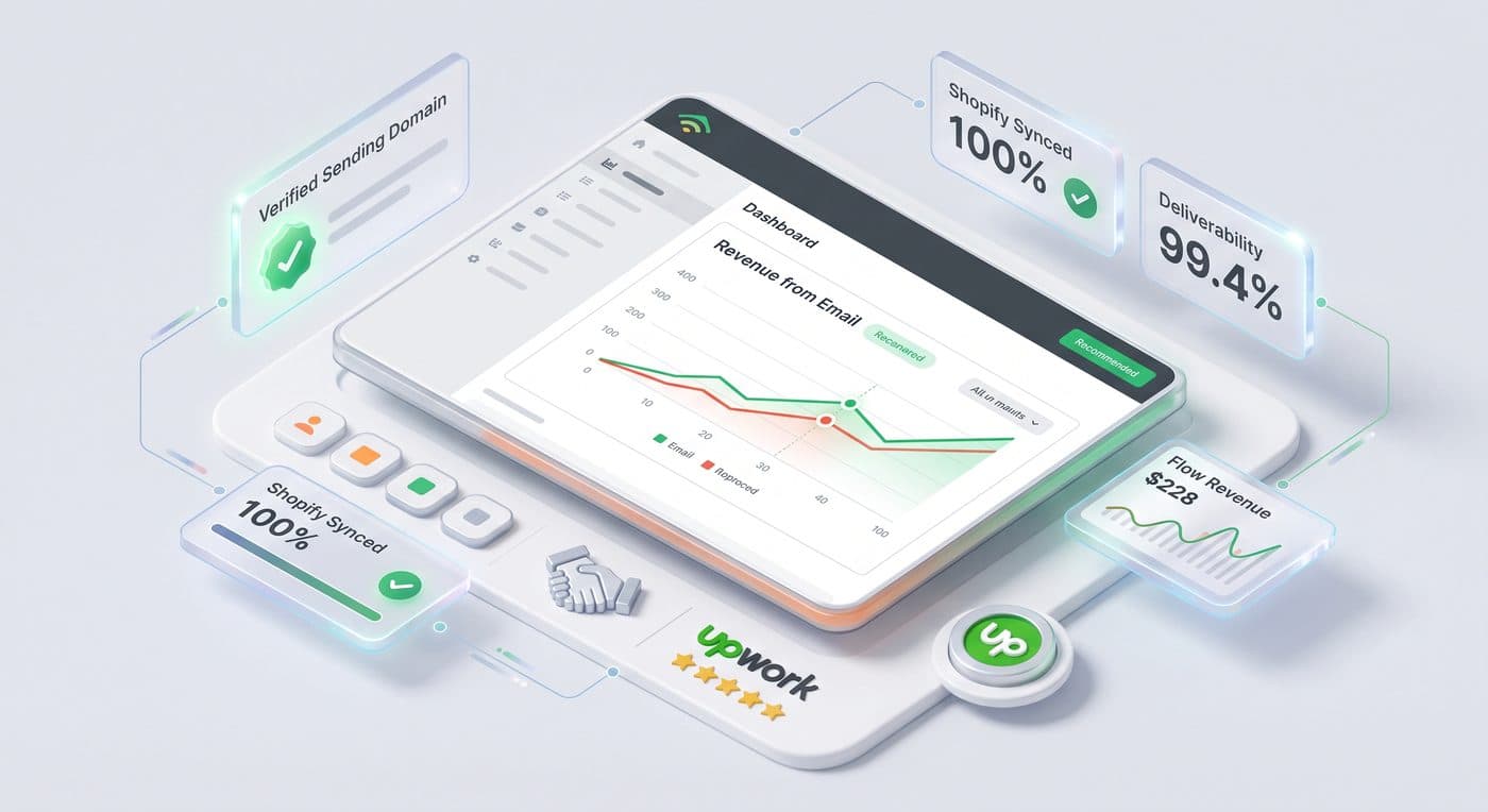 Klaviyo account dashboard: verified sending domain, Shopify synced, 99.4% deliverability