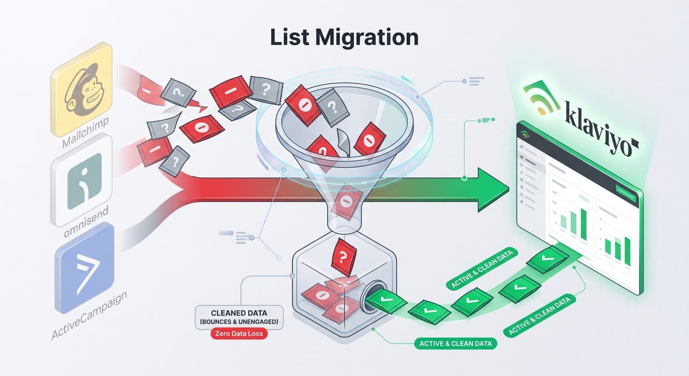 List migration from Mailchimp, Omnisend, and ActiveCampaign into Klaviyo with zero data loss
