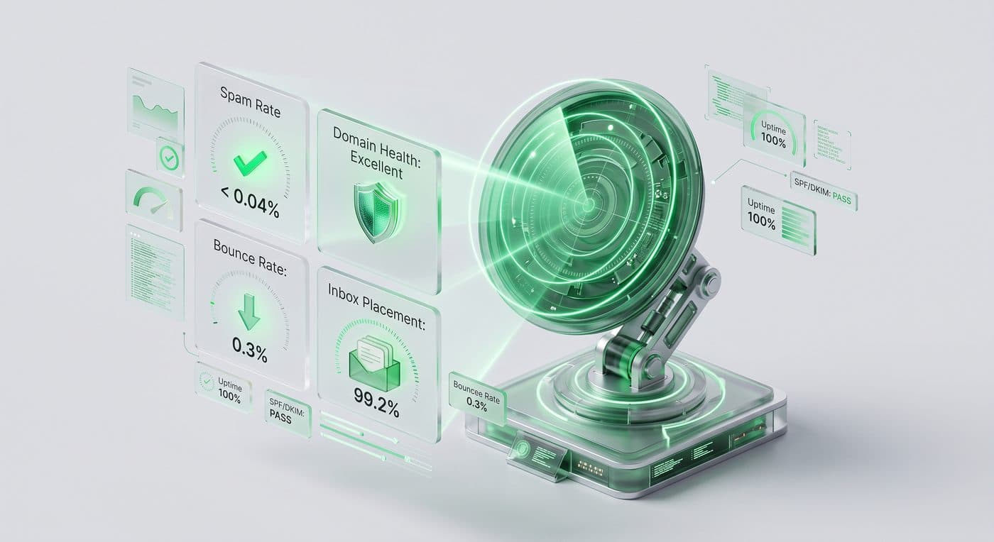 Deliverability monitoring dashboard showing spam rate, bounce rate, inbox placement, domain health, and SPF and DKIM passing