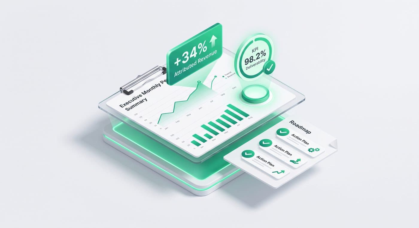 Executive monthly performance summary with revenue chart, +34% attributed revenue, 98.2% deliverability KPI, and an action plan roadmap