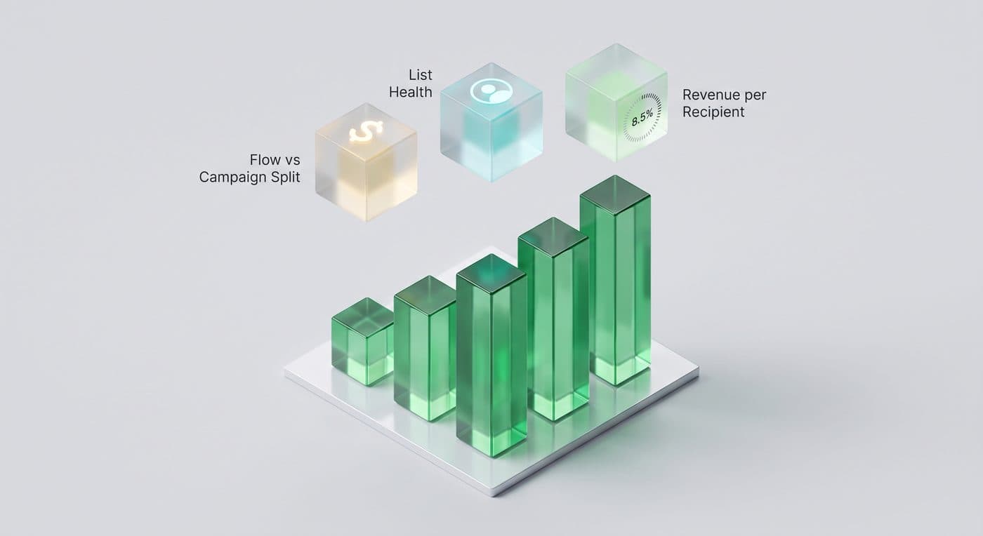 Monthly performance report bar chart of rising revenue, with flow versus campaign split, list health, and revenue per recipient metrics