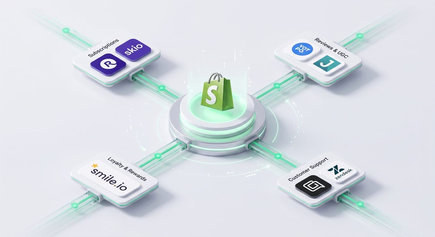 Shopify connected to Recharge and Skio subscriptions, Yotpo and Judge.me reviews, Smile.io loyalty, and Gorgias and Zendesk support