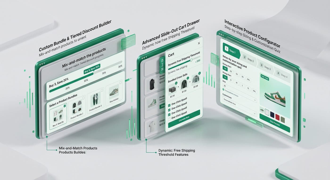 Custom bundle and tiered discount builder, advanced slide-out cart drawer, and an interactive product configurator