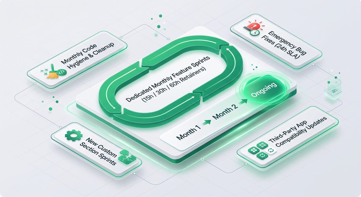 Dedicated monthly feature sprints with code hygiene, 24-hour emergency bug fixes, and third-party app compatibility updates
