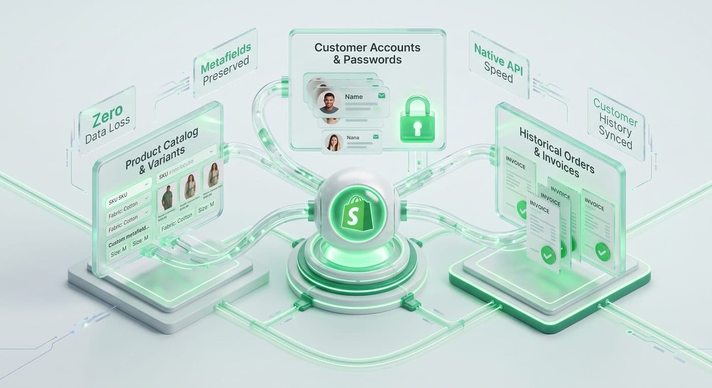 Product catalog, customer accounts, and historical orders migrating into Shopify with zero data loss