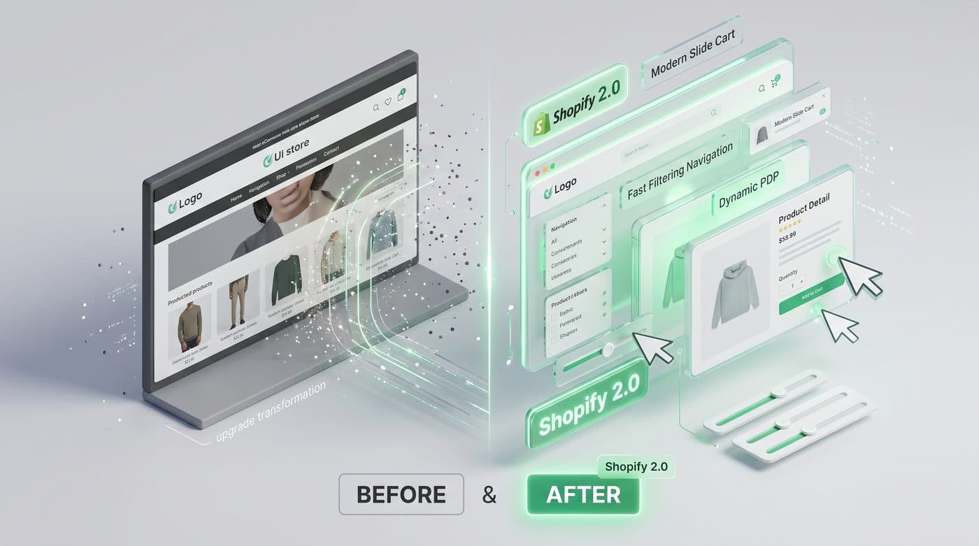 Before and after theme upgrade to Shopify 2.0 with fast filtering navigation and a dynamic product page
