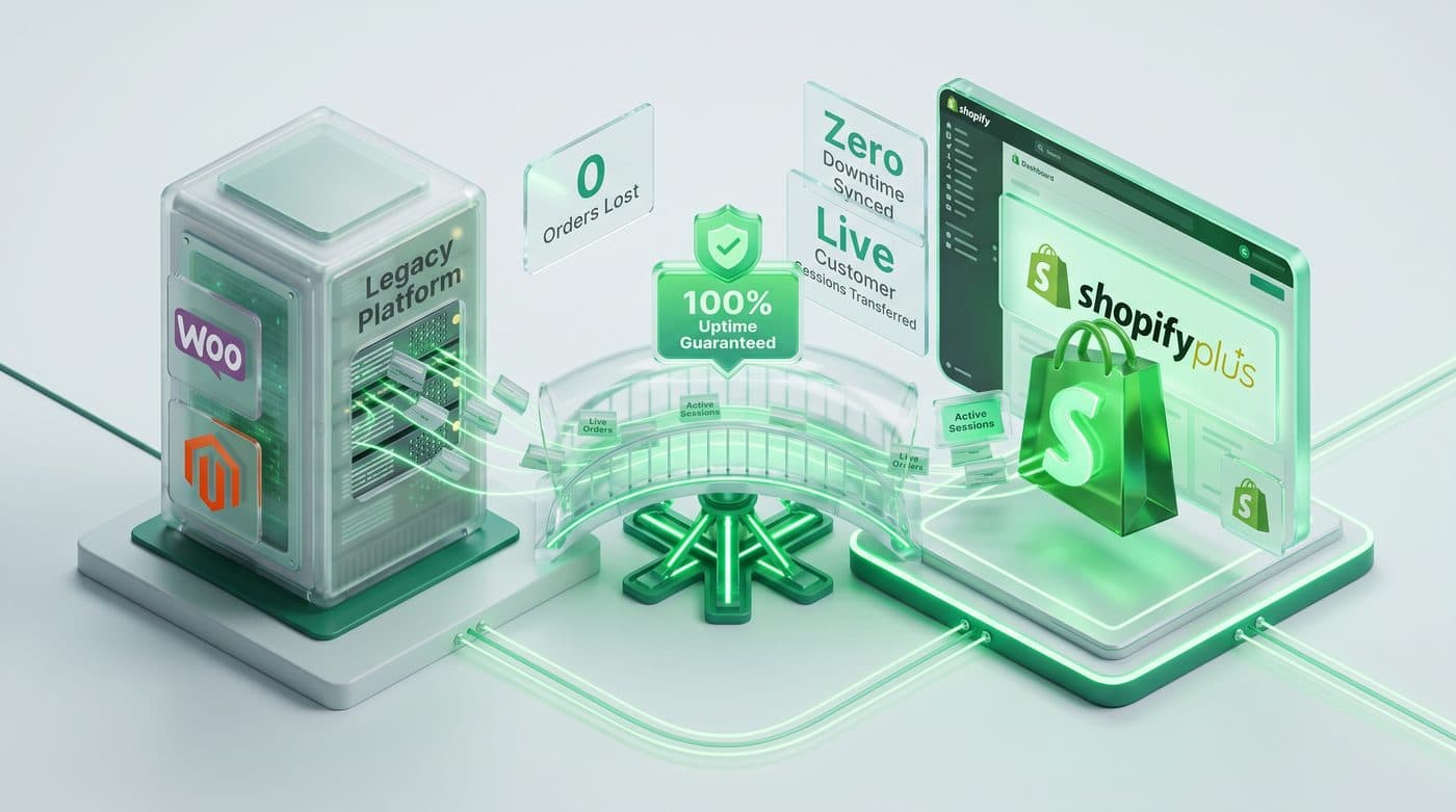 Legacy platform to Shopify Plus cutover with 100% uptime guaranteed and live customer sessions transferred