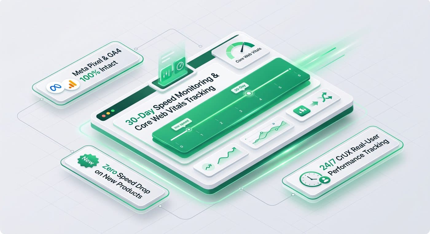 30-day speed monitoring and Core Web Vitals tracking with 24/7 CrUX real-user performance tracking and zero speed drop on new products