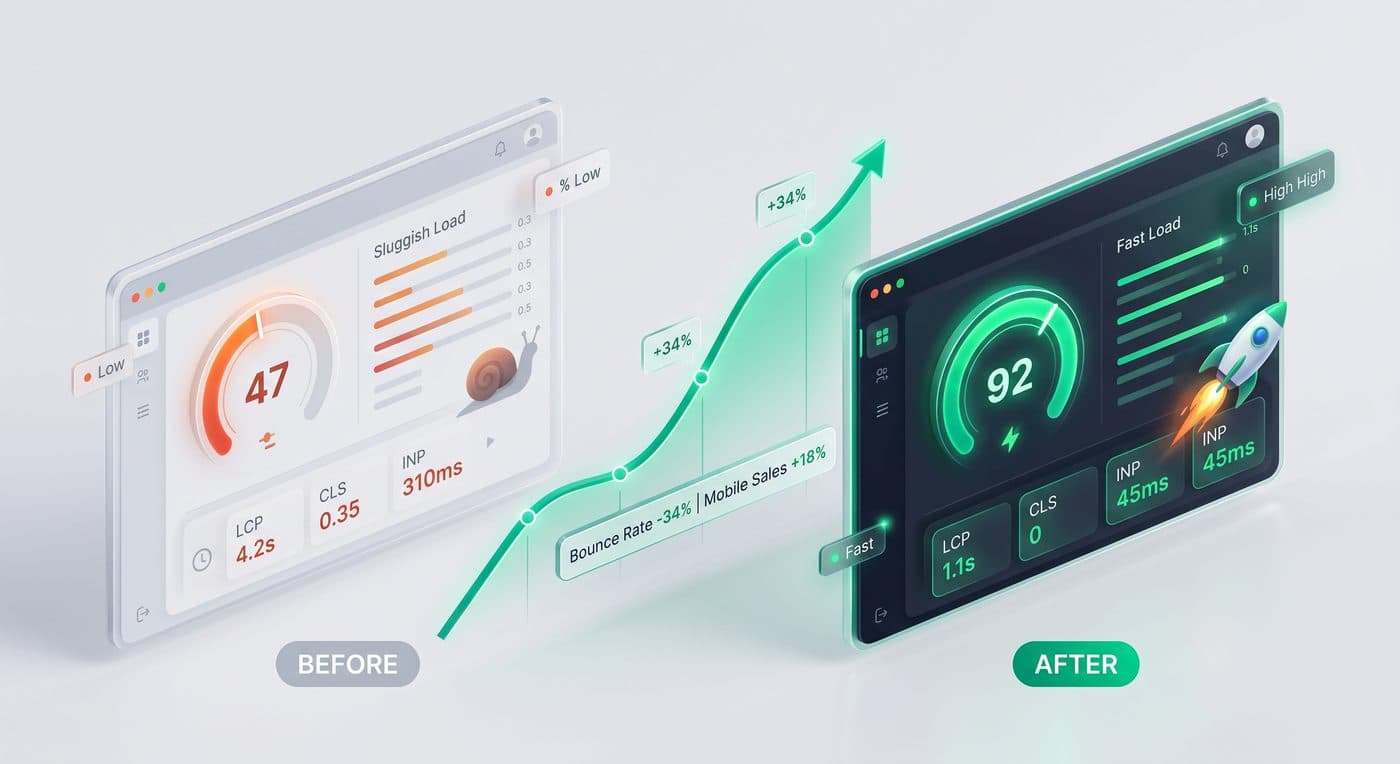 Before and after mobile PageSpeed score improving from 47 to 92, with LCP, CLS, and INP all in the green
