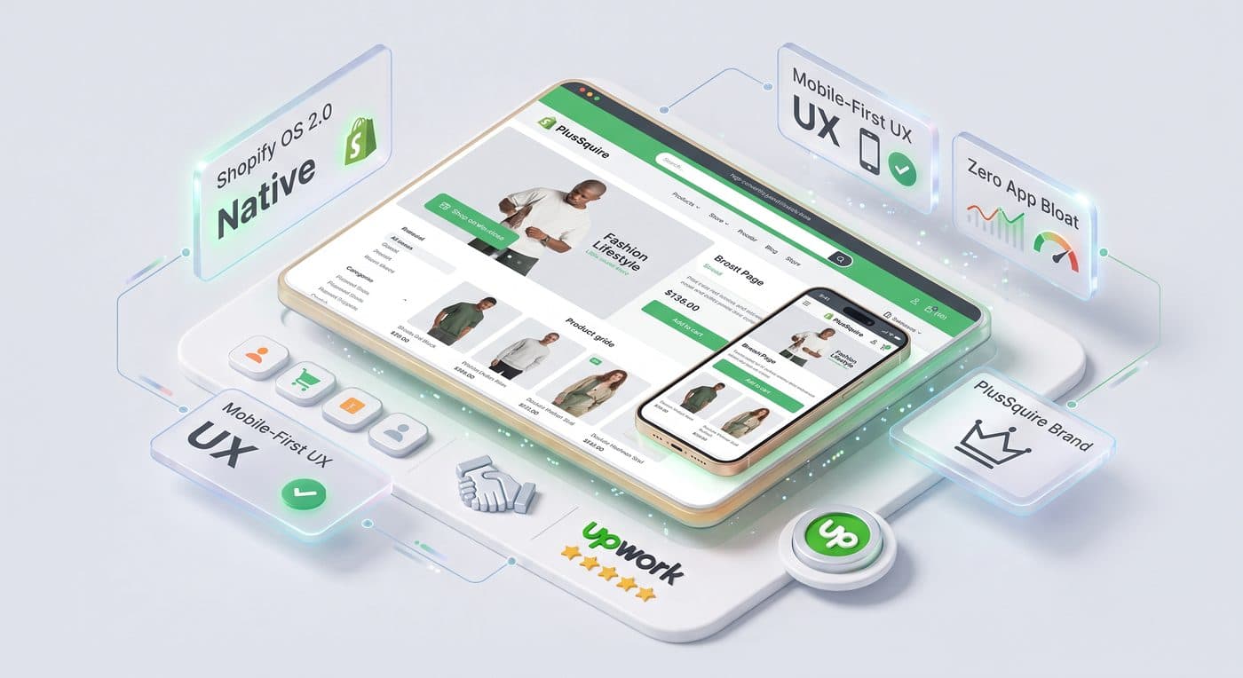 Shopify OS 2.0 native, mobile-first UX, zero app bloat, PlusSquire brand theme