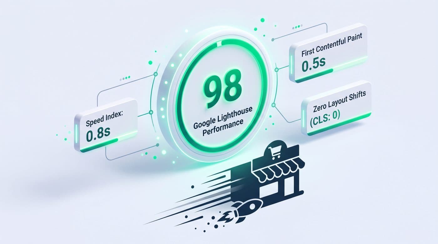 98 Google Lighthouse performance score with 0.5s first contentful paint and zero layout shifts