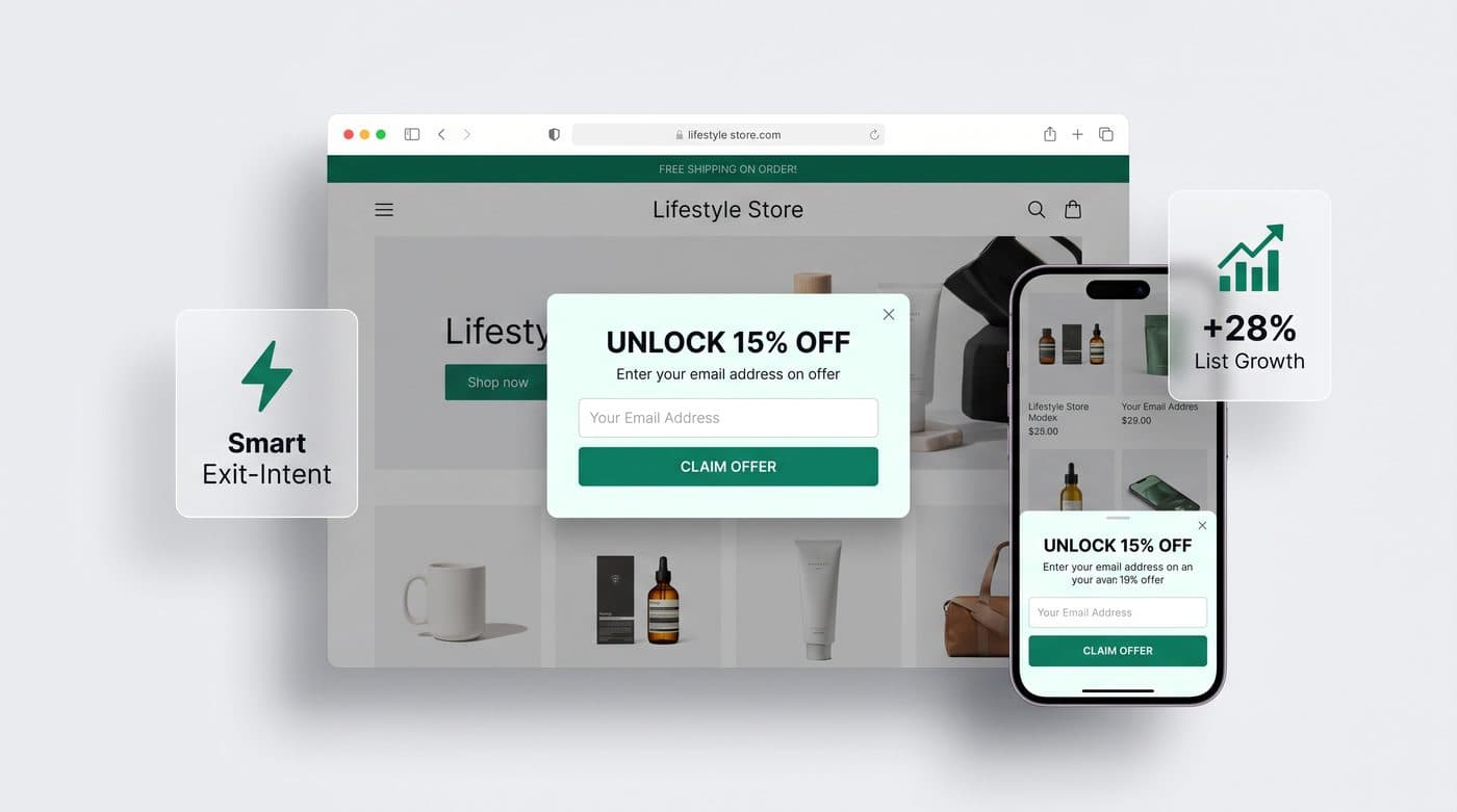 Sign-up pop-up on desktop and mobile offering 15% off, with smart exit-intent targeting and +28% list growth