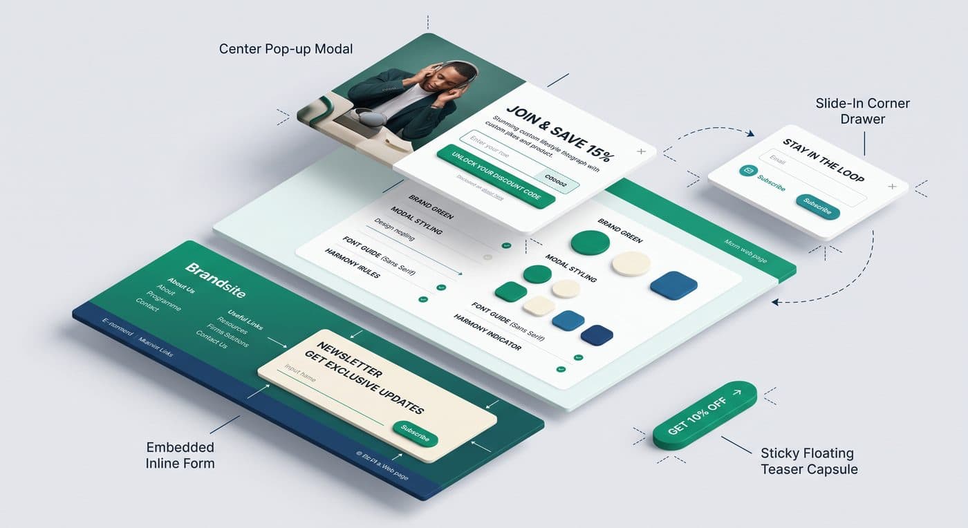 On-brand sign-up form designs including a center pop-up modal, slide-in corner drawer, embedded inline form, and sticky teaser capsule