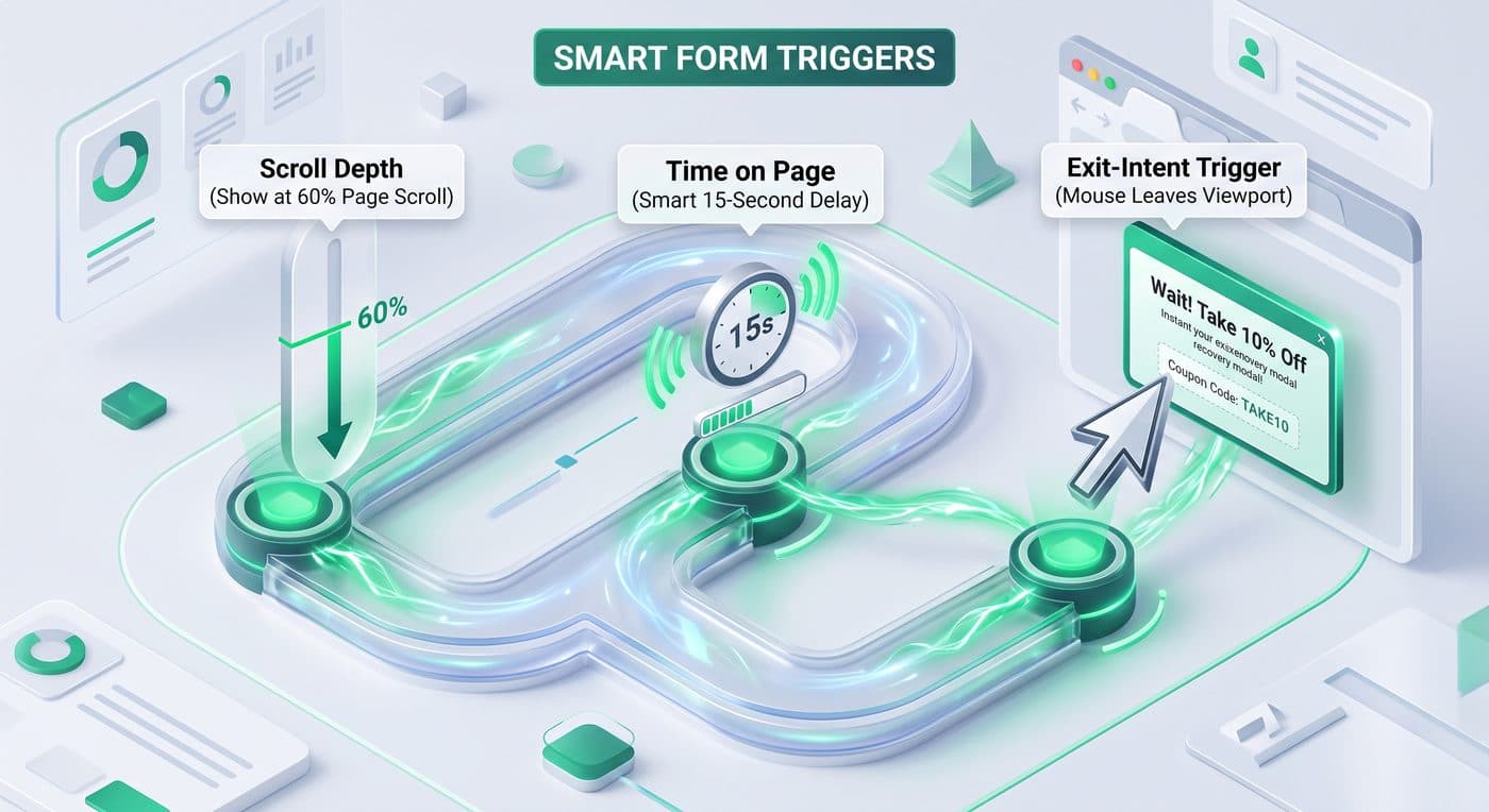 Smart form triggers showing scroll depth, time on page, and exit-intent pop-up with a discount offer