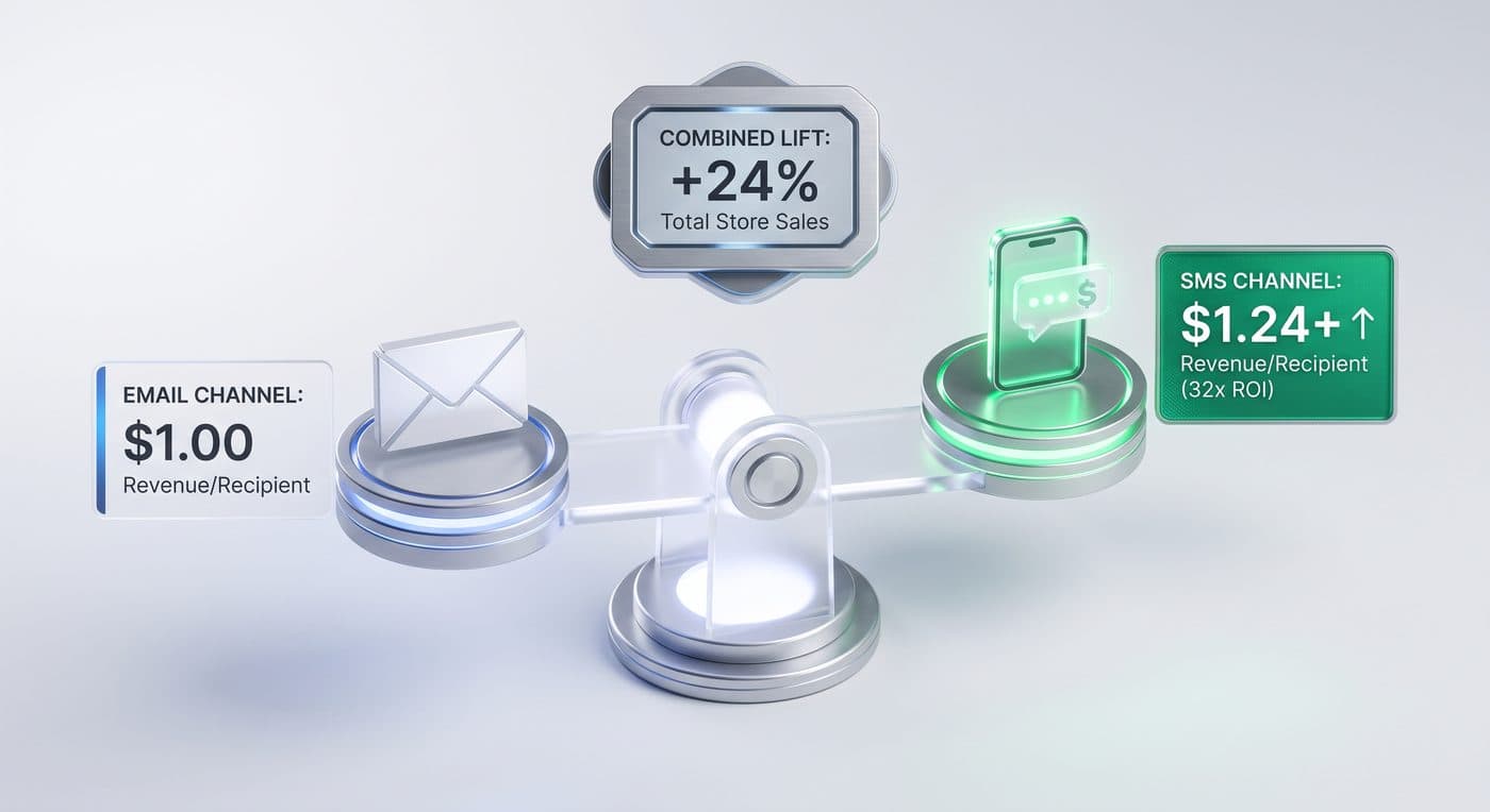 Combined attribution balancing email at $1.00 revenue per recipient against SMS at $1.24, for a combined 24% lift in total store sales