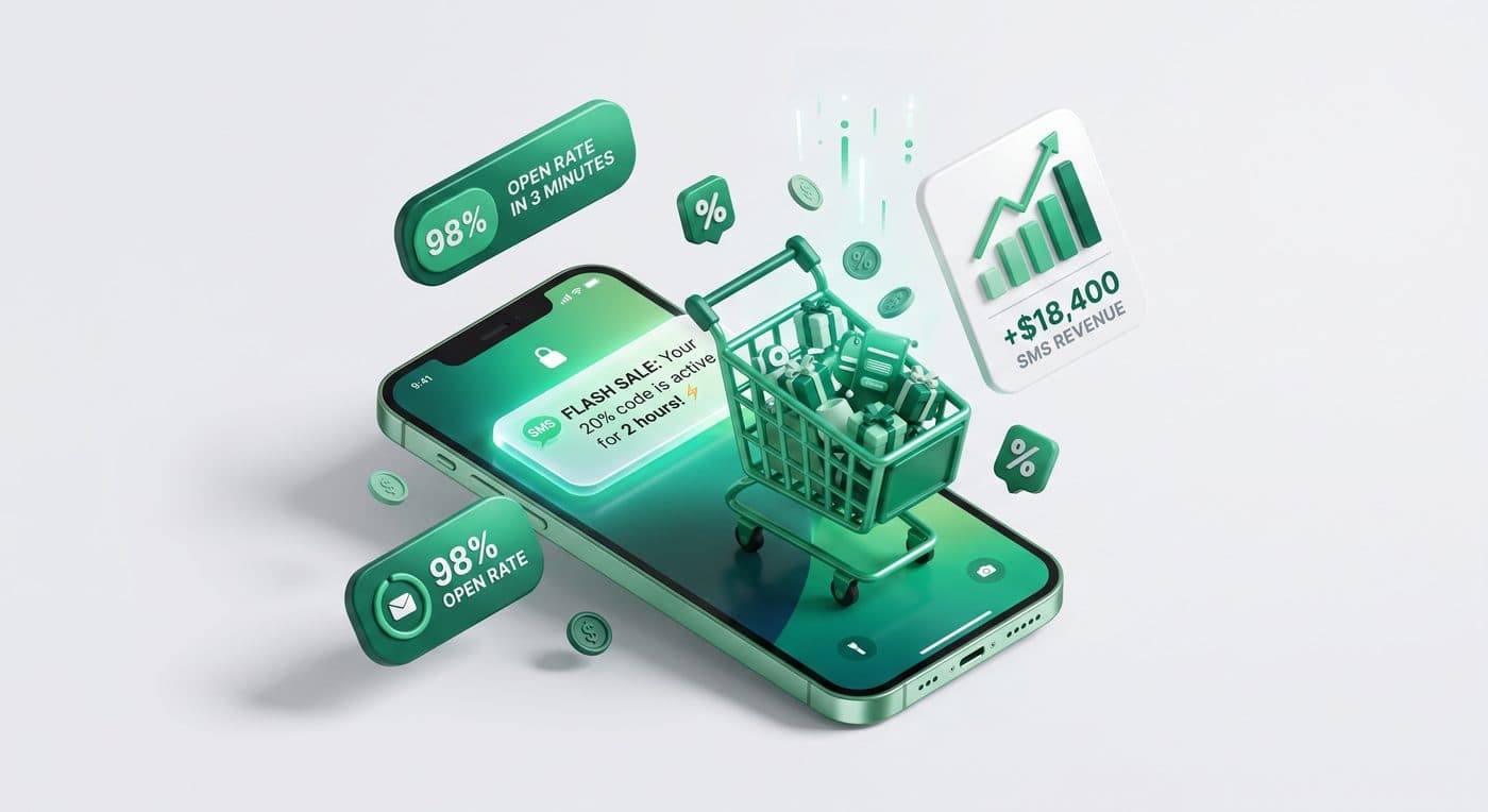 SMS flash sale text on a phone lock screen with a shopping cart, 98% open rate, and $18,400 in SMS revenue